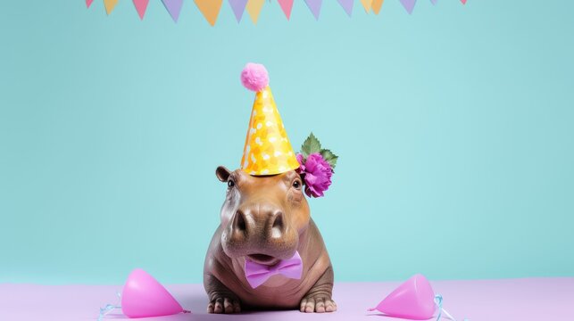 Hippo hippopotamus in party cone hat necklace bowtie outfit isolated on solid pastel background advertisement, birthday party invite invitation banner