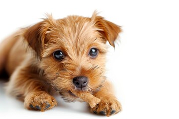 Terrier puppy eating rawhide treat on white background