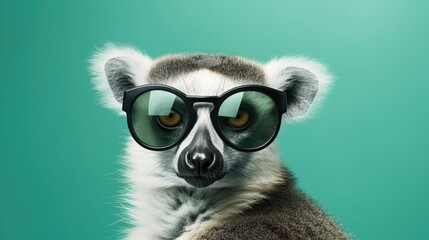 Lemur in sunglass shade glasses isolated on solid pastel background, advertisement, surreal...