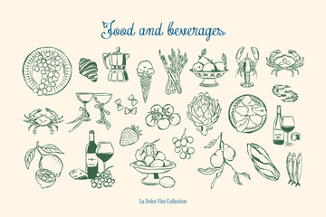 Minimalist hand drawn food and beverages vector illustration collection. Art for greeting cards, wedding invitations, poster design, postcards, branding, logo design, background. Matisse style.