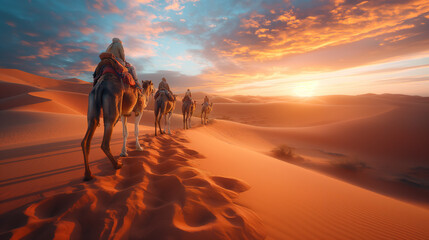 Camel Caravan in Desert Sunset: Nomadic Journey through Sand Dunes. Morocco and Algeria. Sahara desert.