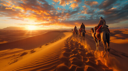 Camel Caravan in Desert Sunset: Nomadic Journey through Sand Dunes. Morocco and Algeria. Sahara desert.