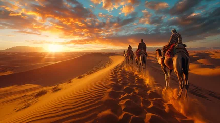  Camel Caravan in Desert Sunset: Nomadic Journey through Sand Dunes. Morocco and Algeria. Sahara desert. © Natalia Schuchardt
