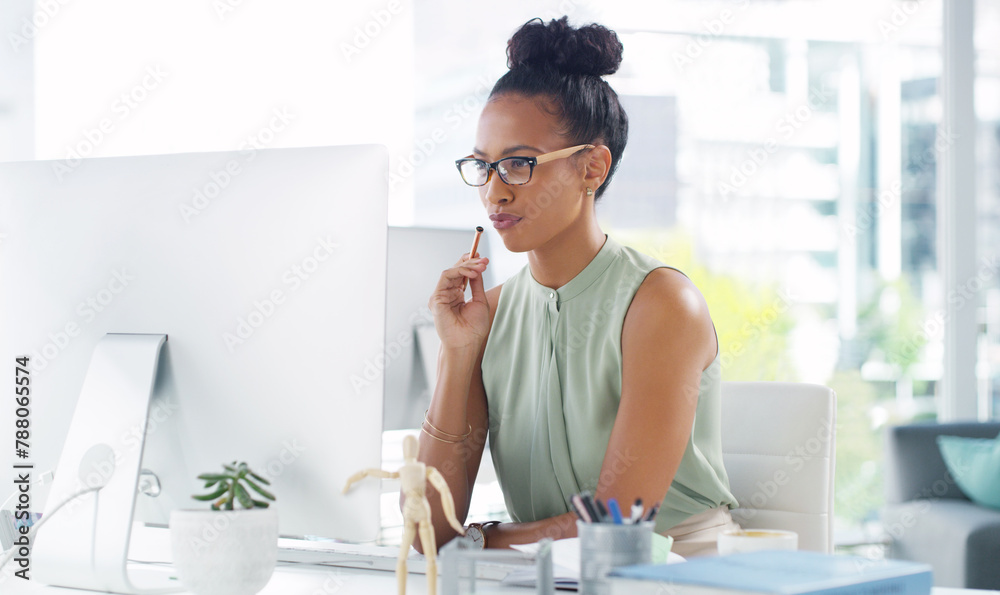 Aufkleber administrator, office and business woman on computer thinking, planning and schedule for company on 