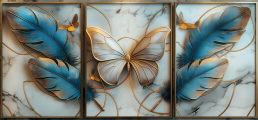 panel wall art, marble background with feather and flower and butterfly silhouette , wall decoration