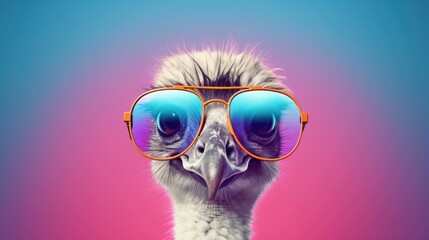 Ostrich bird in sunglass shade glasses isolated on solid pastel background, advertisement, surreal surrealism
