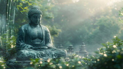 Buddha statue against the backdrop of a green bamboo forest. Buddhism, Buddha Jayanti, Buddha...