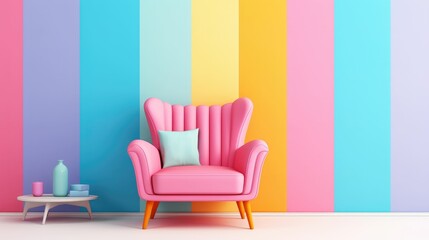 Pastel multi colour vibrant groovy retro striped background wall frame with bright armchair decor....