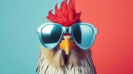 Rooster in sunglass shade glasses isolated on solid pastel background, advertisement, surreal surrealism 