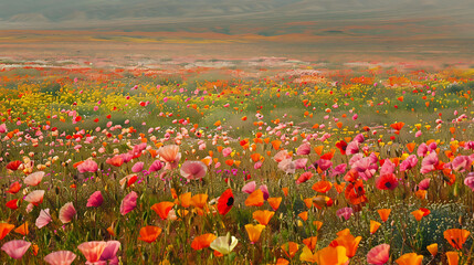 A beautiful field of flowers in bloom. The flowers are mostly pink, orange, and yellow, and they are all different shapes and sizes.