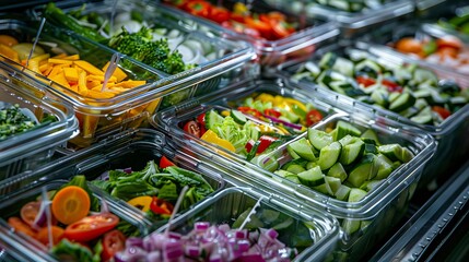 Pre-packaged vegetable salads are displayed within a commercial refrigerator