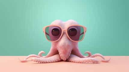 Squid in sunglass shade glasses isolated on solid pastel background, advertisement, surreal surrealism