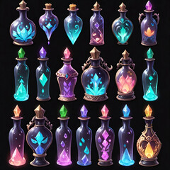 Set of various magical potions and spell vials with retro style