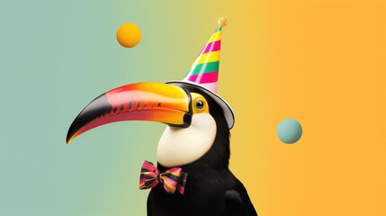 Naklejka premium Toucan hornbill bird in party cone hat necklace bowtie outfit isolated on solid pastel background advertisement, birthday party invite invitation banner