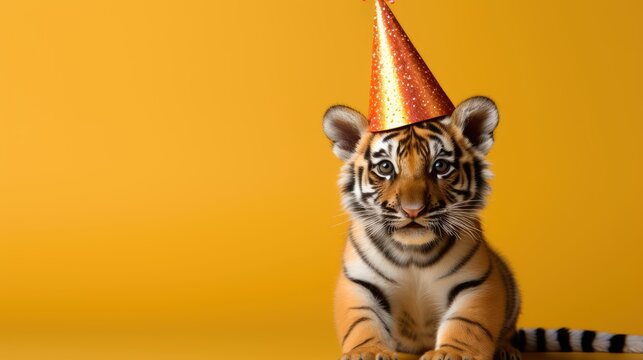 tiger in party cone hat necklace bowtie outfit isolated on solid pastel background advertisement, birthday party invite invitation banner