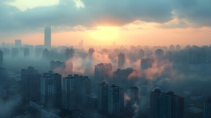 Dawn's Haze over Industrial Horizon. Concept Industrial Landscapes, Urban Development, Sunrise Scenes, Pollution Effects, Nature vs Industry