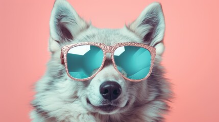 Wolf in sunglass shade glasses isolated on solid pastel background, advertisement, surreal surrealism