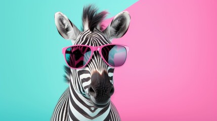 Zebra in sunglass shade glasses isolated on solid pastel background, advertisement, surreal surrealism