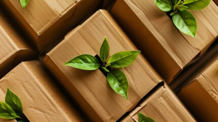 Top view of cardboard boxes crafted from natural, recyclable materials featuring sprouting green leaves, representing responsible consumption and eco-friendly practices - obrazy, fototapety, plakaty