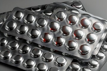 Pile of tablets pill in silver aluminium foil blister pack. Pharmaceutical industry