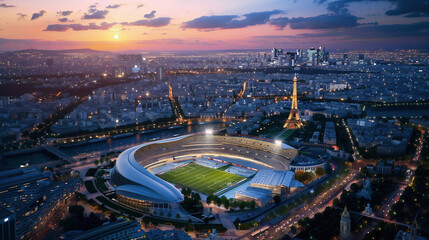 view over the city Paris and football stadium on the Eiffel Tower background, France. - obrazy, fototapety, plakaty