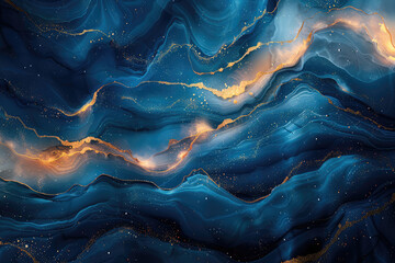 A background of a deep blue and gold that swirls, resembling swirling water in an ocean or sea, with golden veins running through the fluid patterns. Created with Ai - obrazy, fototapety, plakaty