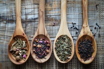 Top view of dry tea in wooden spoons
