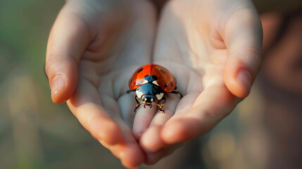**A child's hand holding a ladybug. The ladybug is sitting on the child's palm and looking at the camera.