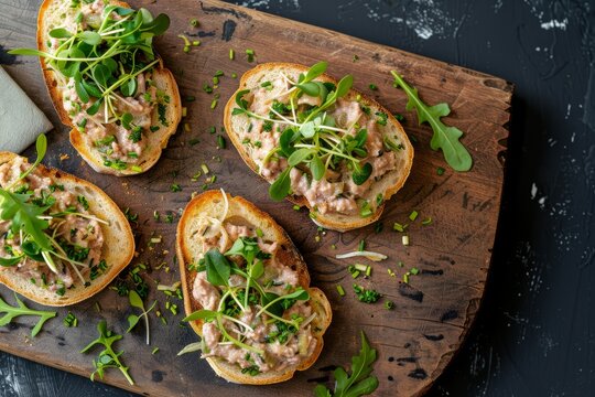 Top view of duck rillettes pate on sprout topped toasts on wooden board dark background