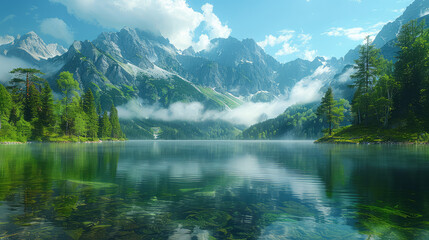  Beautiful lake in the mountains with green forest and foggy peaks, nature scenery background. Created with Ai