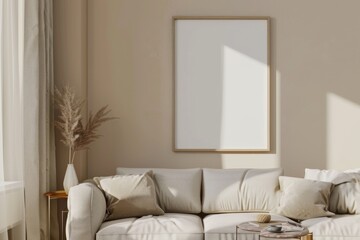 Fototapeta premium Beige Scandinavian Interior with Poster Mockup created with Generative AI