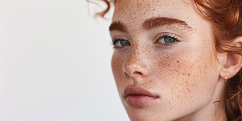 Serene Redhead Woman with Freckles Close-Up Portrait