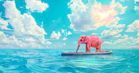 Elephant sail on a raft across an ocean. Surreal artwork. Banner - obrazy, fototapety, plakaty