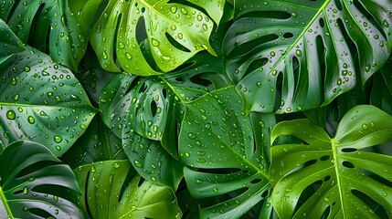 Vibrant Monstera Leaves with Water Droplets and Natural Light