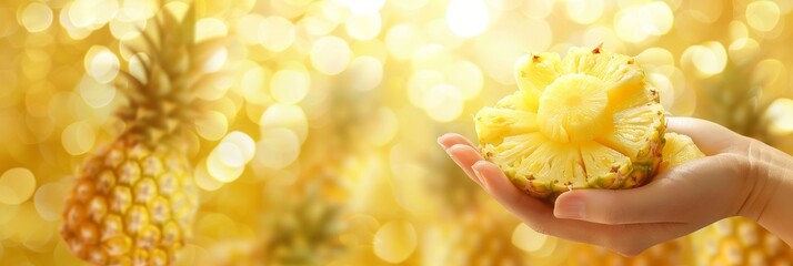 Pineapple slice held in hand, pineapple selection on blurred background with copy space