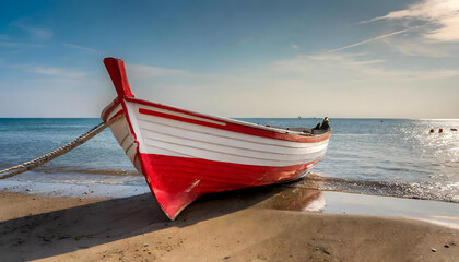 Fototapeta premium white and red boat on beach. Generative AI.