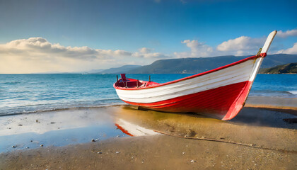 white and red boat on beach. Generative AI.