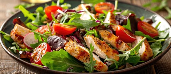 Close-up of a healthy meal featuring fresh salad containing chicken, tomatoes, and a variety of mixed greens on a wooden surface.
