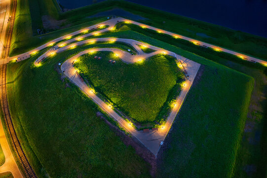 Bison bastion, 17th-century fortifications of Gdańsk illuminated at night in the heart shape. Poland