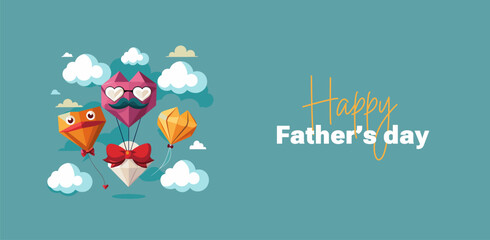 Father's day abstract illustration, background origami hearts over clouds with air balloons, paper mustache, glasses and bow tie. Paper art, digital craft style. Web
