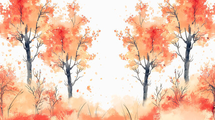 A painting of trees with orange leaves and a white background
