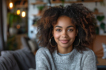 portrait of a black woman with curly hair, big earrings, wearing a thick sweater