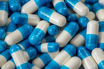  Selective focus on pile of blue and white antibiotic capsule pill. Pharmaceutical production. Global healthcare. Antibiotics drug resistance