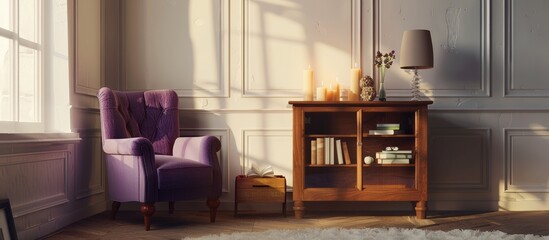 In a child's room interior, there is a violet armchair positioned beside a wooden cupboard holding books, candles, and a lamp, all set against a wall with available space for text or decoration.
