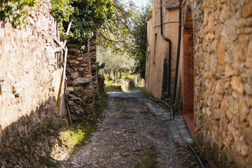 Narrow passage between stone walls in a mountain village in Italy - medieval architecture