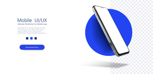 Smartphone with Blue Circle Background Floating on White. A modern smartphone appears to levitate over a white surface, backed by a vibrant blue circular shape, emphasizing its elegant design. - 788070946