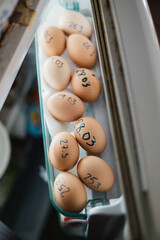 Chicken eggs from the farm on the refrigerator door - dates are written on the shell with a marker and sorted by freshness