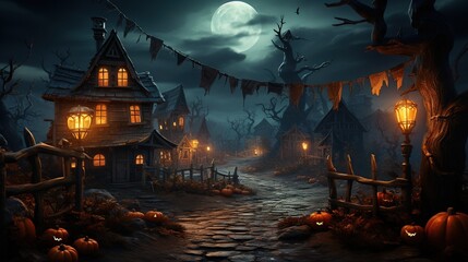 Fototapeta na wymiar Halloween background with pumpkins. Haunted Halloween Village
