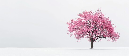 A vibrant pink cherry blossom tree standing alone against a white backdrop.
