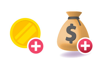 Money top up deposit icon vector graphic, flat 3d cash coin balance addition with plus sign illustration set, bank account app topup ui symbol image clip art